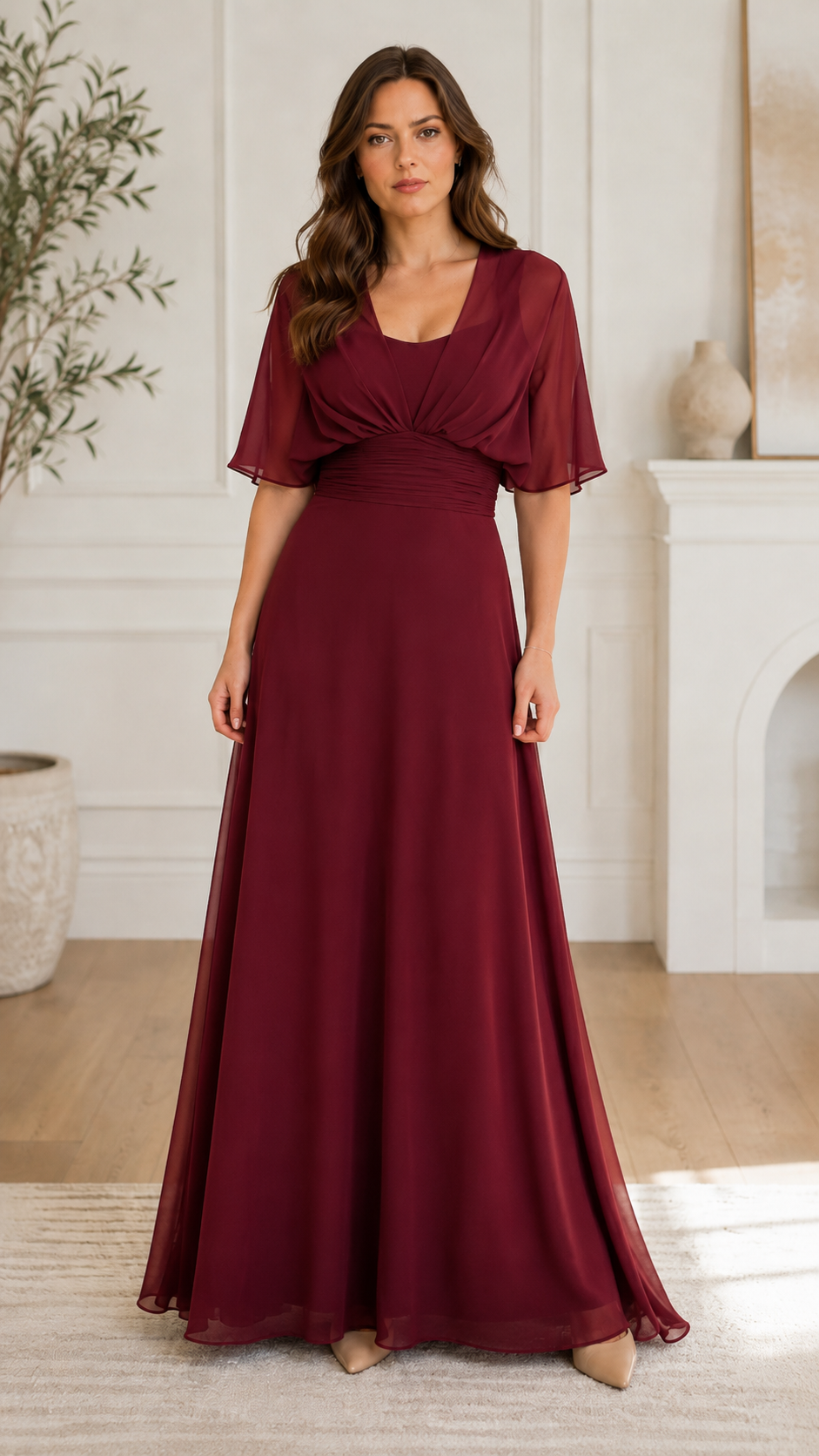 Front view of burgundy flutter sleeve maxi dress