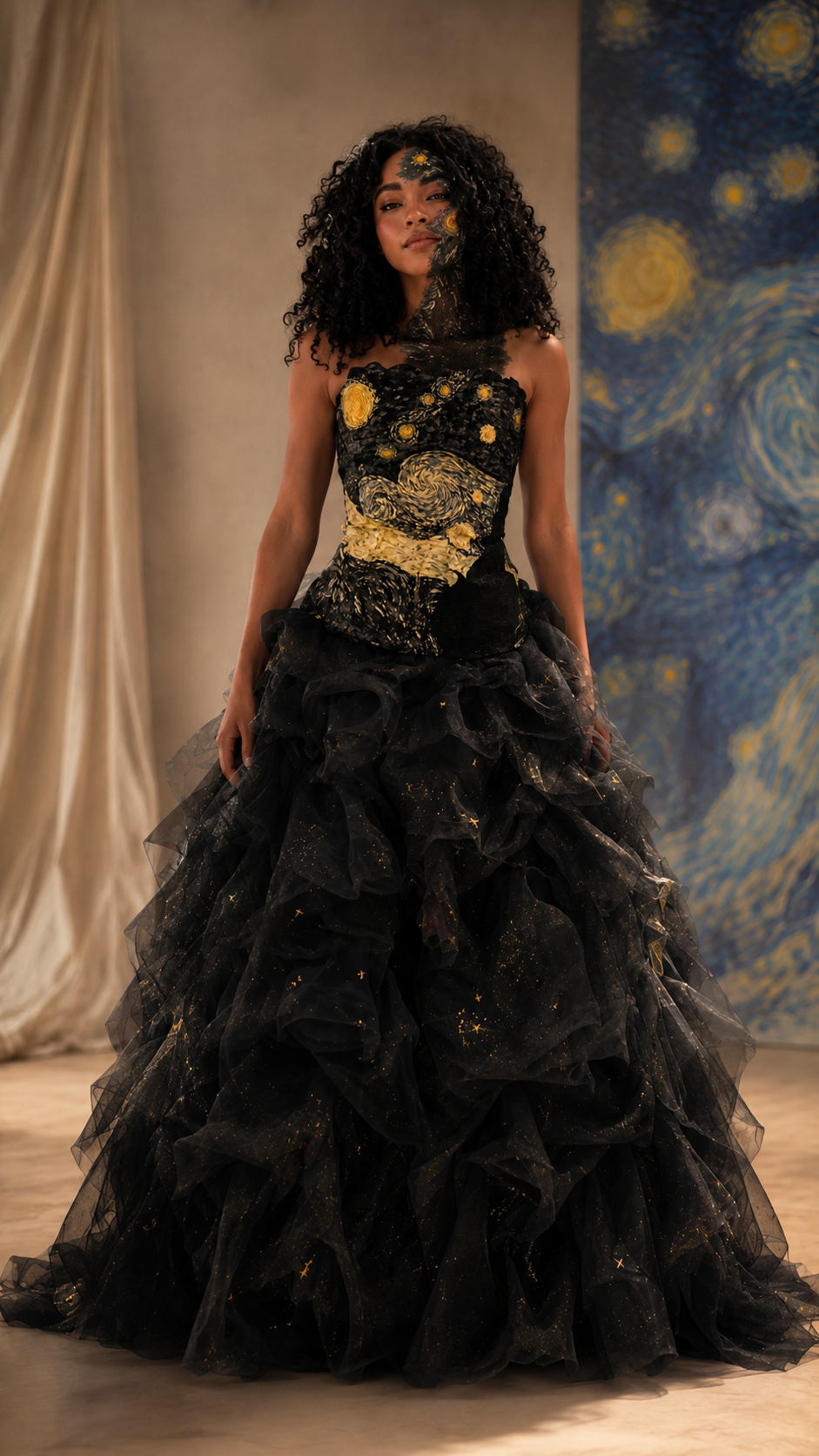 Black strapless formal gown with structured printed bodice and dramatic layered skirt