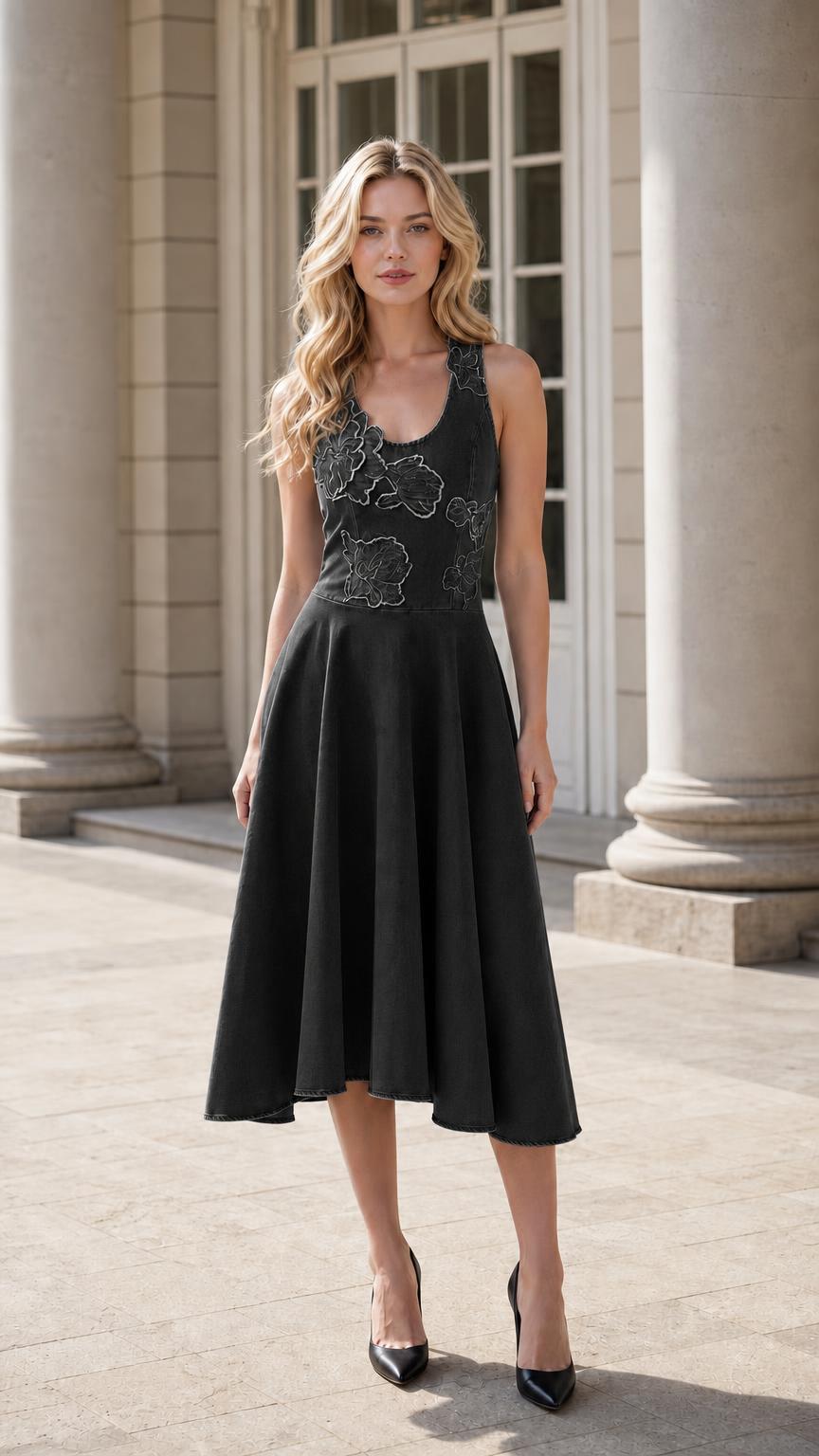 Model wearing black sleeveless floral applique midi dress