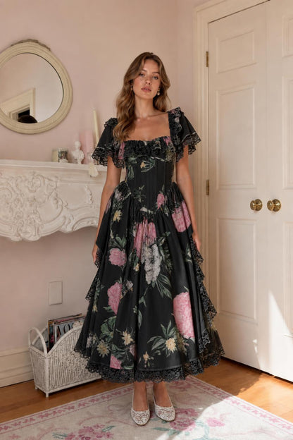 Front view in black floral colorway