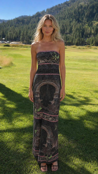 Model wearing black color variant of the strapless maxi dress