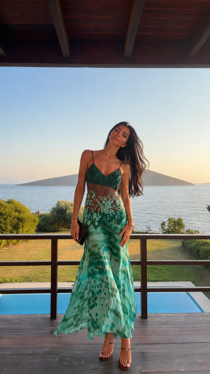 Front view of mint printed lace-panel spaghetti strap maxi dress