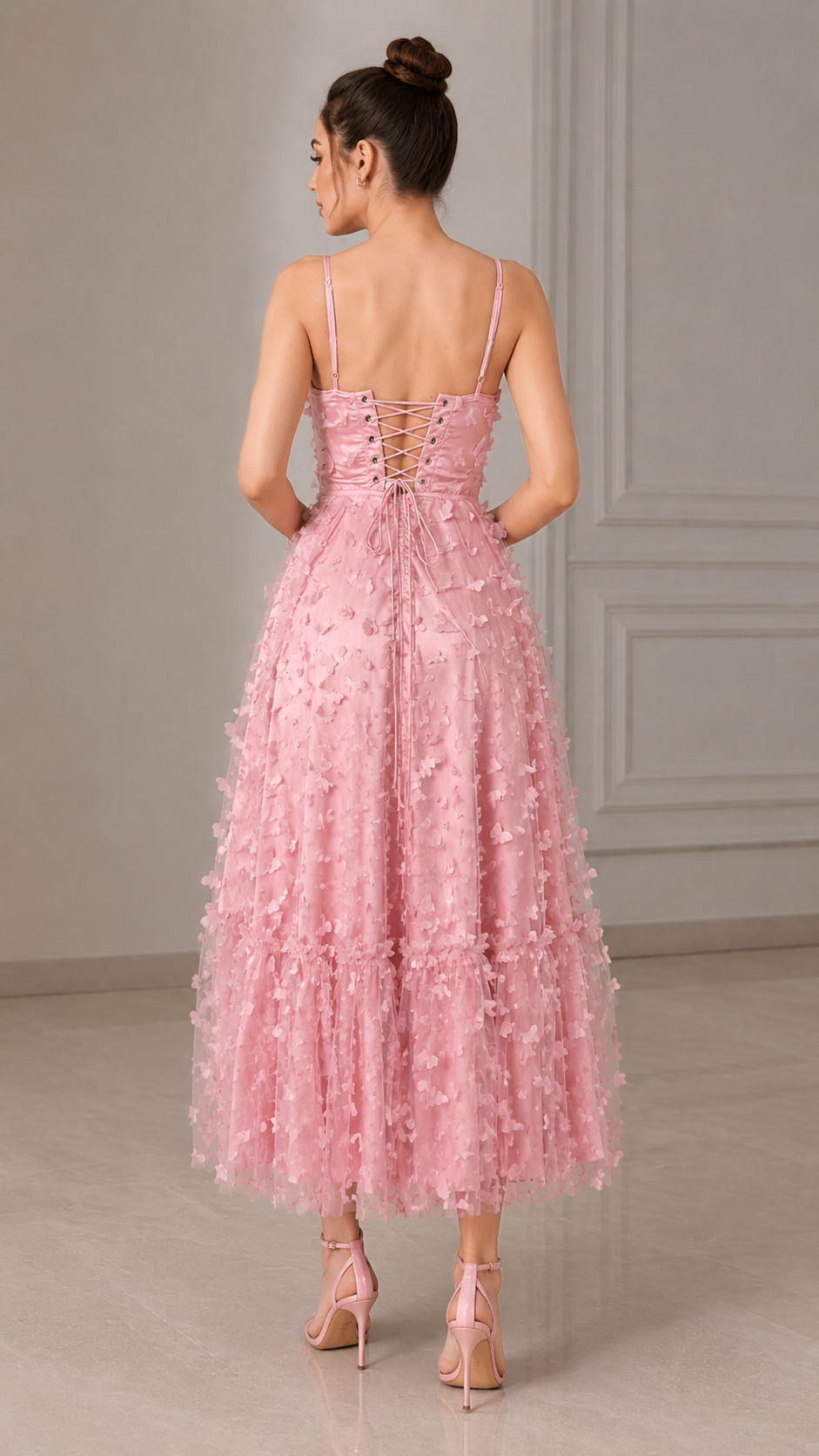 Blush pink 3D floral midi dress back view with lace-up detail