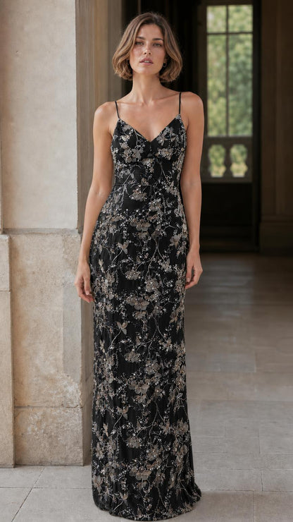 Elegance Sequin Embroidered Slip Maxi Dress in Black