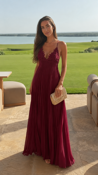 Front view of burgundy lace bodice pleated maxi dress