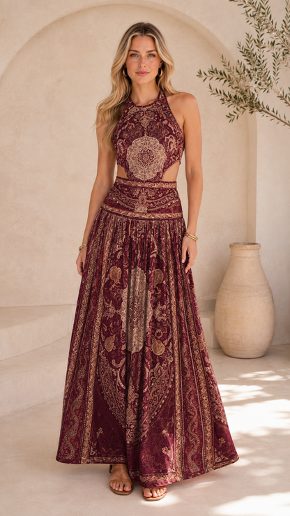 Burgundy ornate print halter cutout maxi dress front view