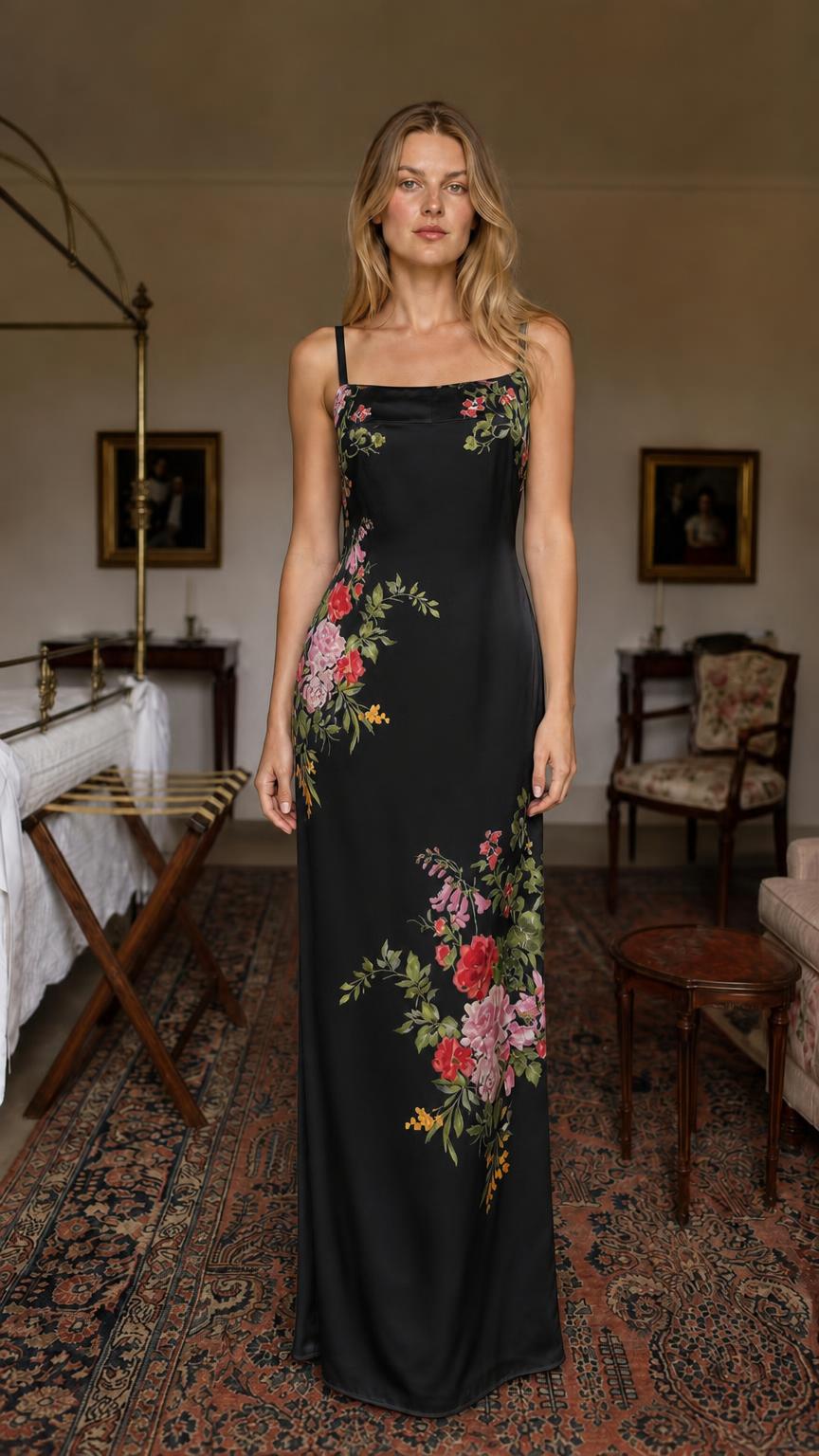 Model wearing black floral satin maxi dress
