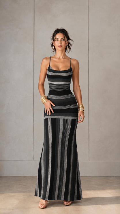 Front view of black striped knit maxi dress with scoop neck and spaghetti straps