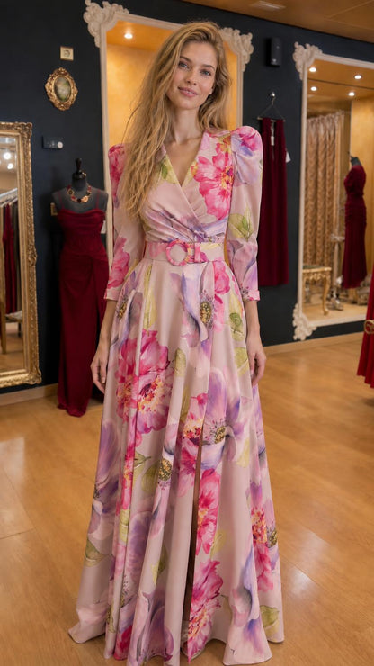 Front view of blush floral maxi dress