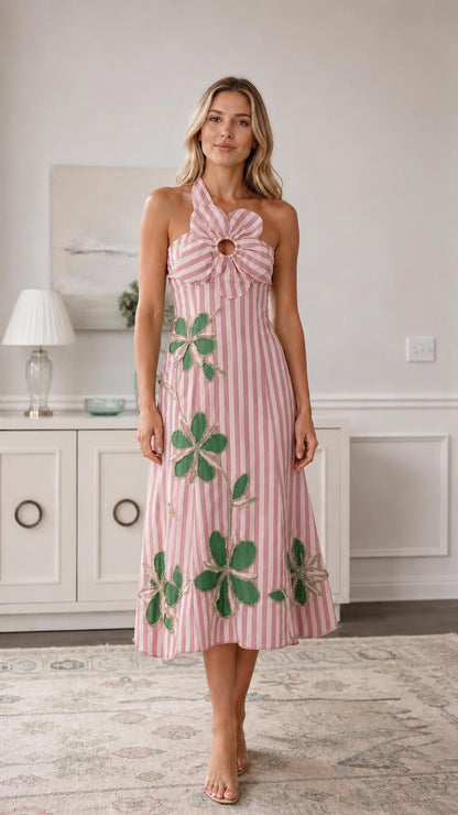 Front view of pink striped halter midi dress