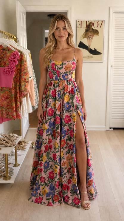 Woman wearing pink floral maxi dress