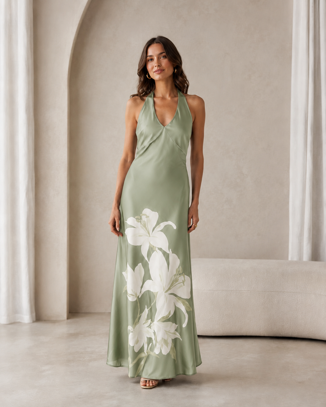 Sage green halter maxi dress with oversized white floral print