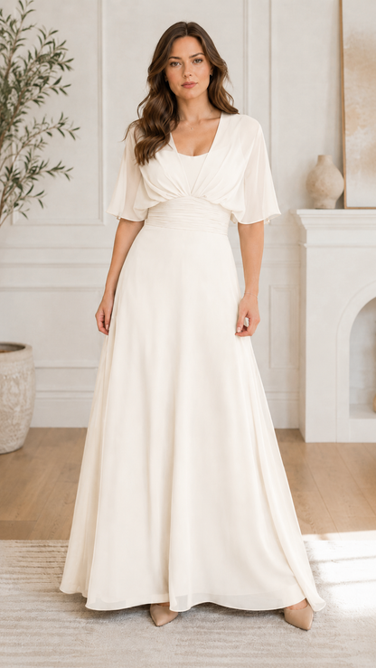 Front view of ivory flutter sleeve empire waist maxi dress