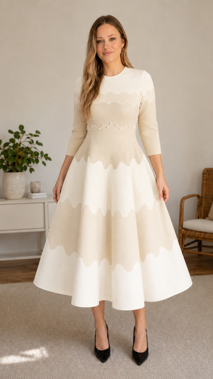 Front view of cream scalloped colorblock midi fit and flare dress