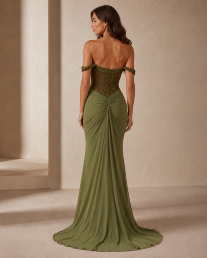 Back view of olive off-shoulder evening gown with fitted embellished bodice and train
