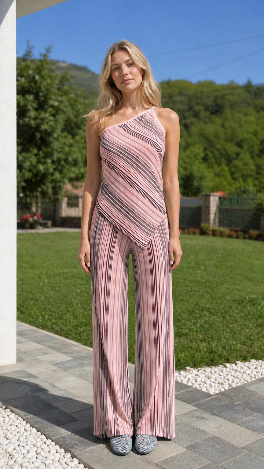 Front view of model wearing pink striped two-piece set