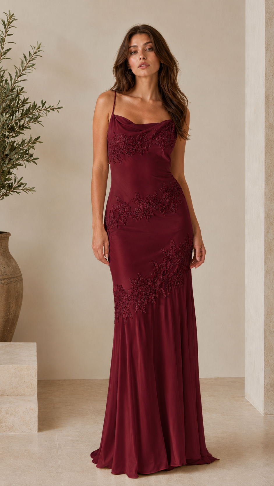 Front view of burgundy lace appliqué cowl neck maxi slip dress