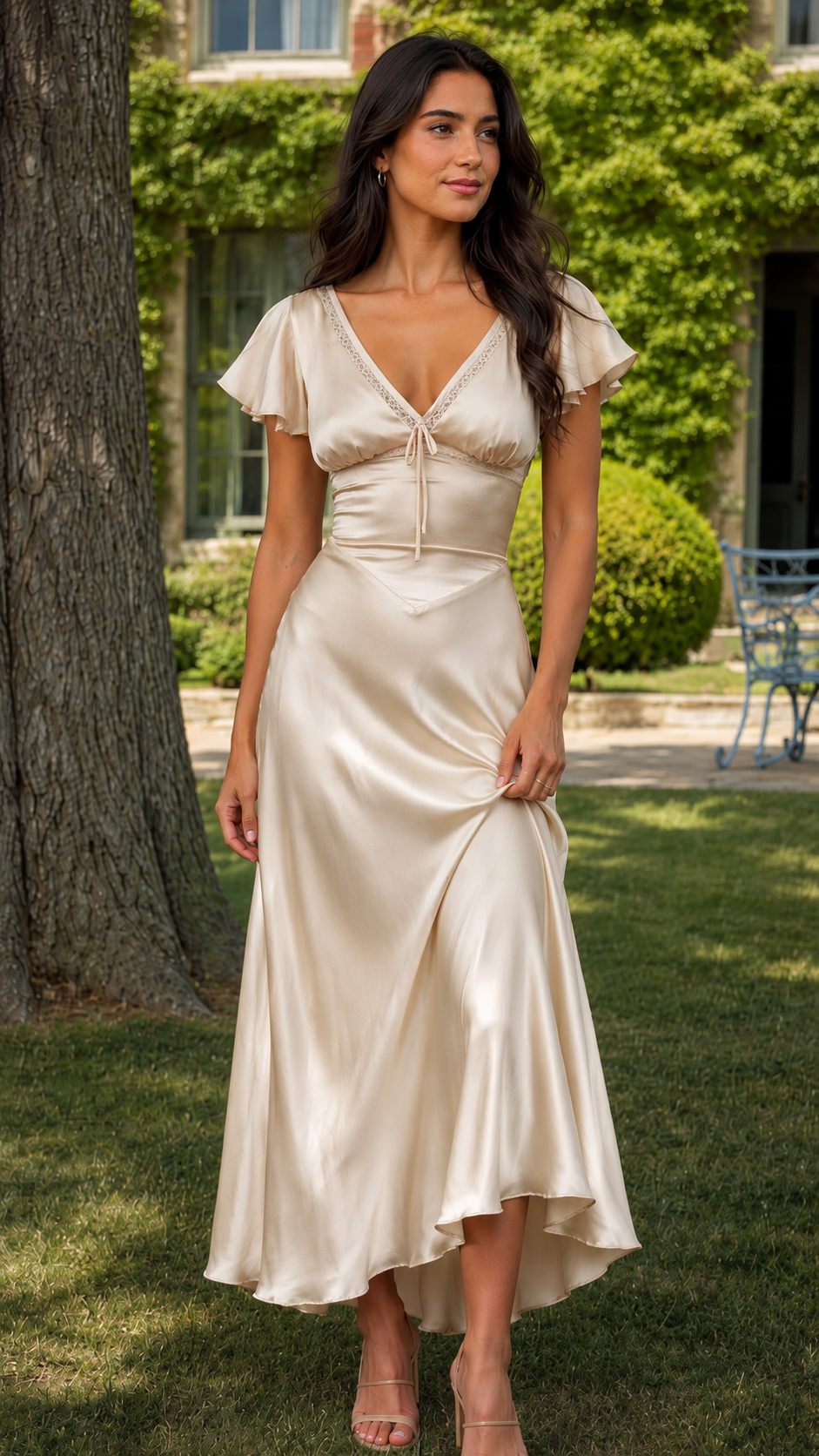 Champagne satin-style flutter sleeve midi dress with V-neck and tie front