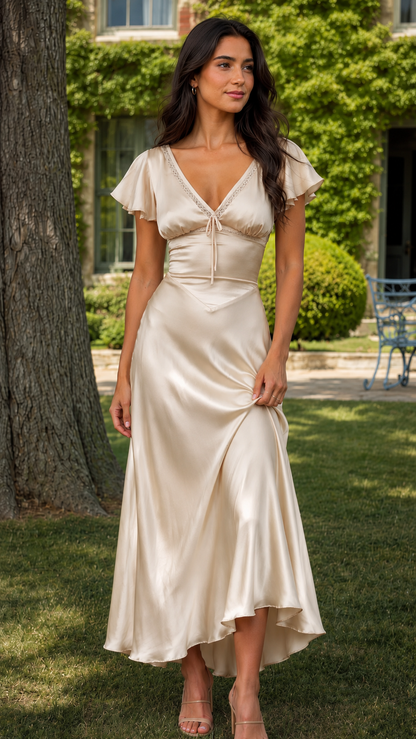 Champagne satin-style flutter sleeve midi dress with V-neck and tie front