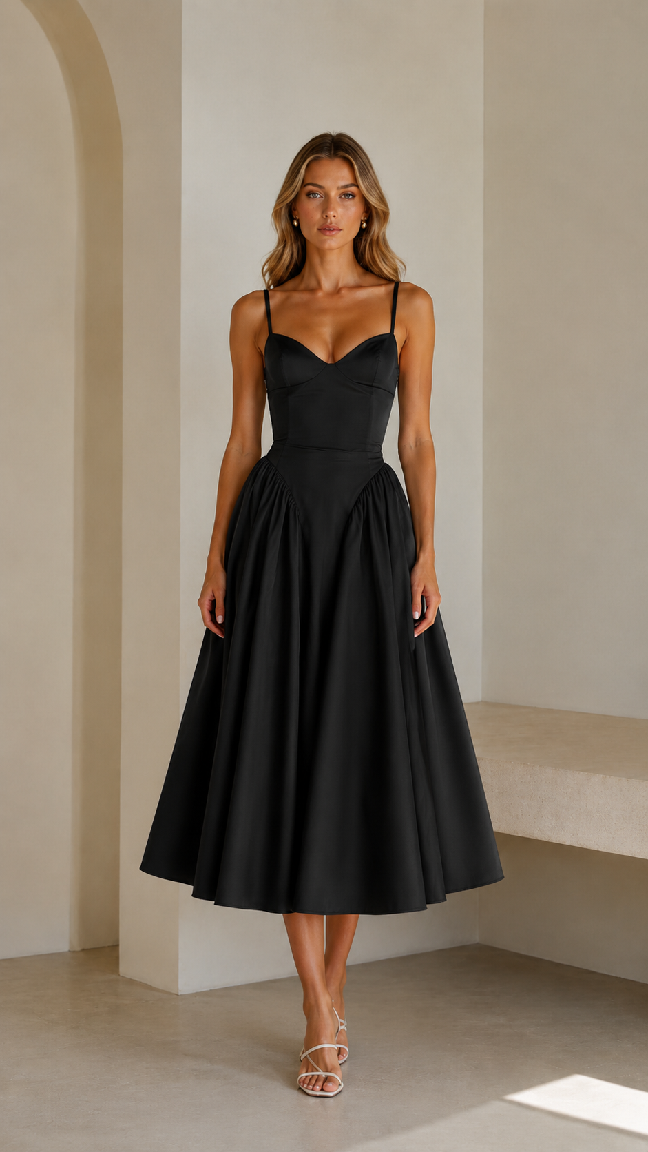 Front view of black sweetheart neck spaghetti strap midi dress