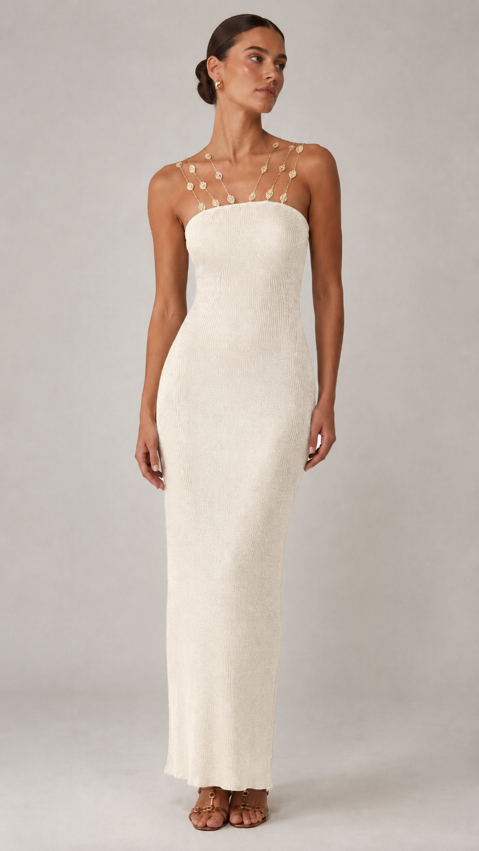 Front view of ivory beaded strap bodycon maxi dress