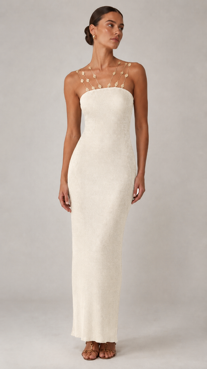 Front view of ivory beaded strap bodycon maxi dress