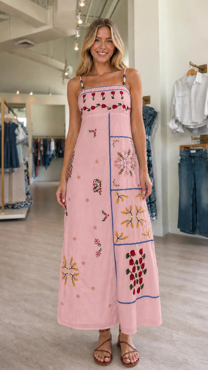 Front view of the pink floral embroidered maxi dress
