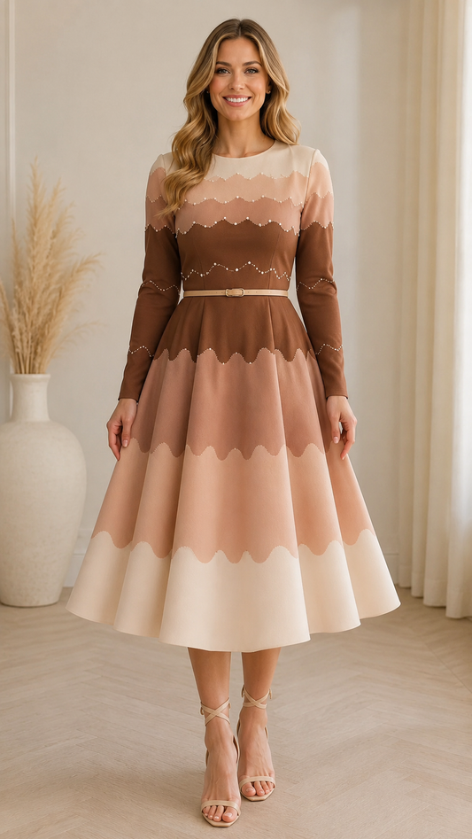Front view of mocha scalloped colorblock belted fit and flare midi dress