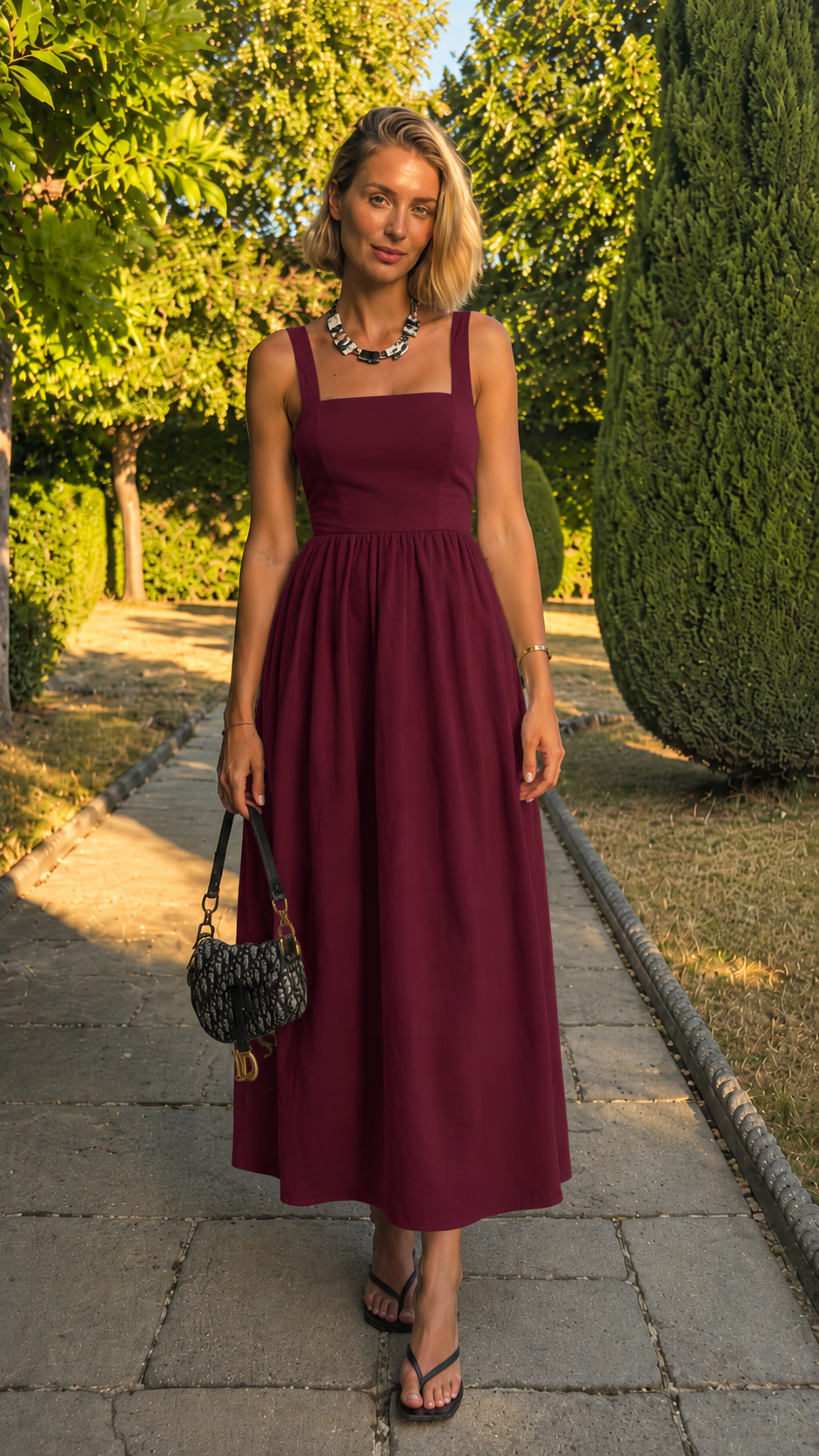 Woman wearing a wine square neck sleeveless midi dress
