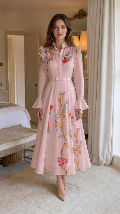 Front view of woman wearing pink botanical embroidered midi dress