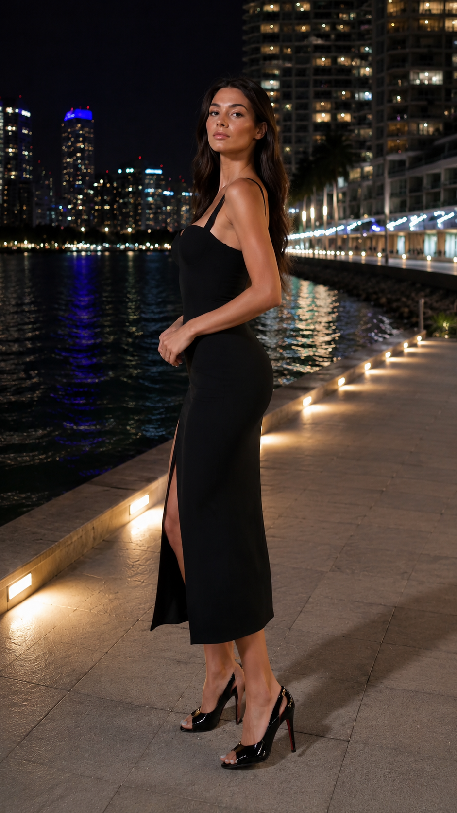 Angled side view of black slim-fit midi dress with front slit