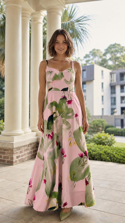 Front view of pink color variant with botanical print