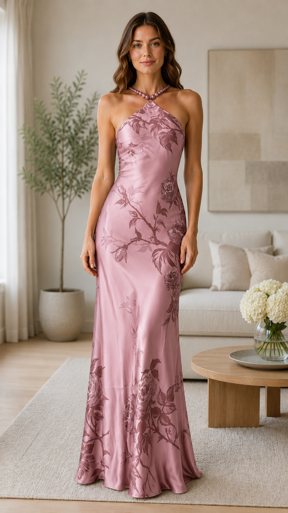 Dusty rose floral halter maxi dress with beaded neckline front view