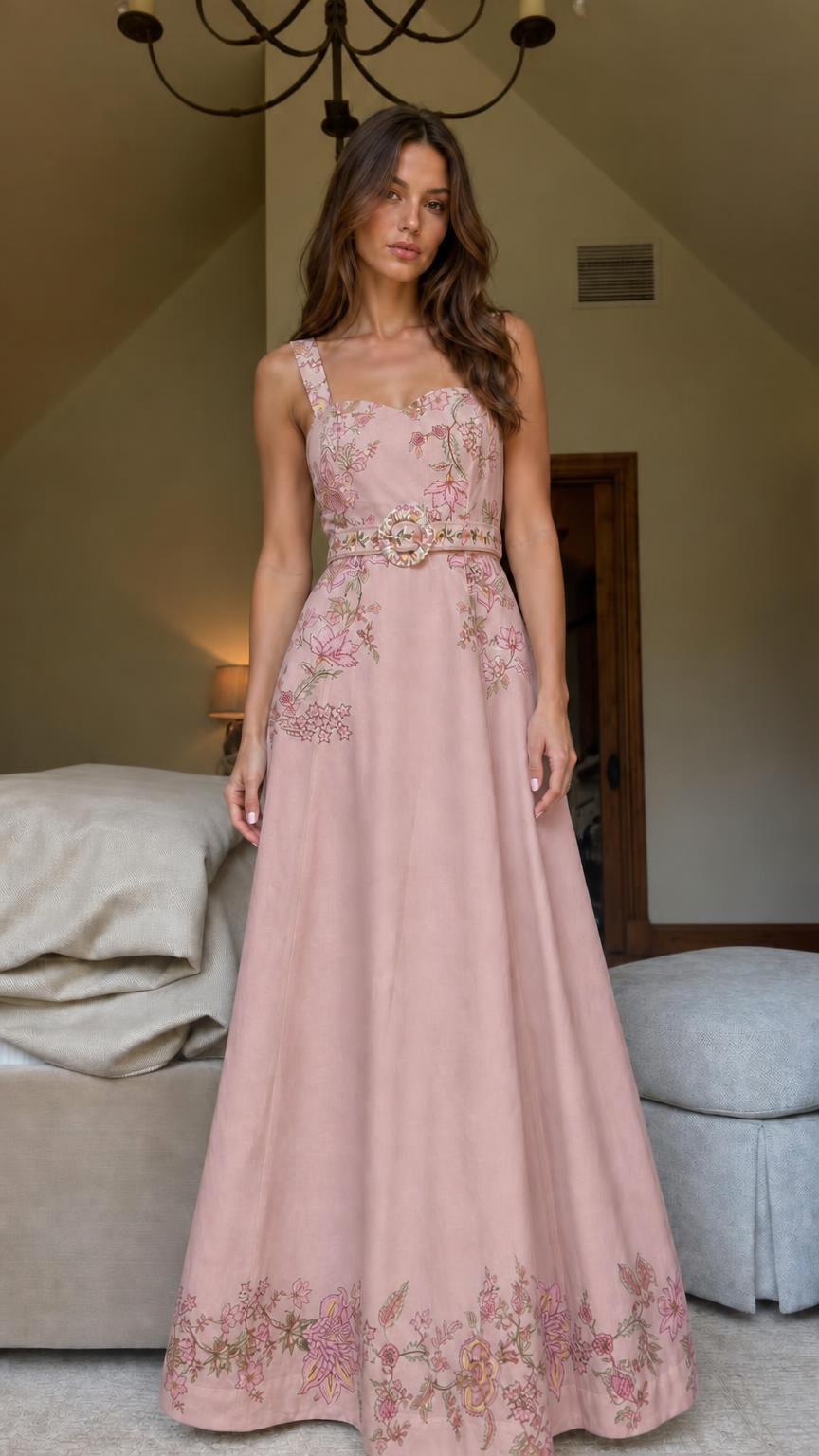 Pink color variant of floral embroidered maxi dress