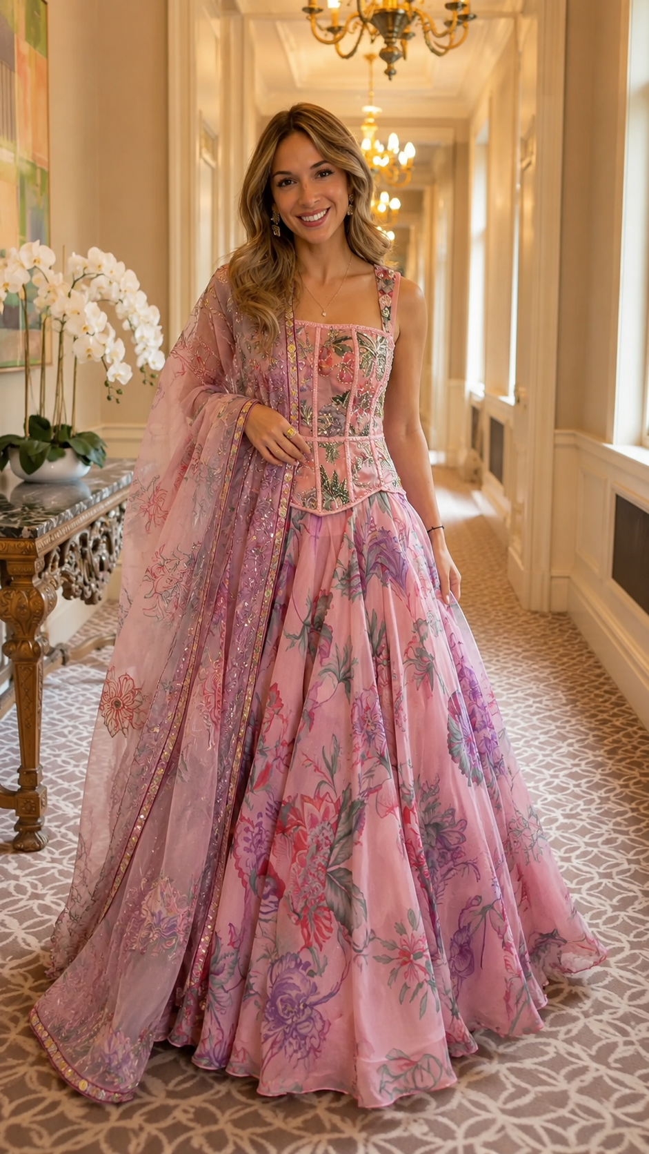Blush pink embroidered ball gown with floral motifs and sheer drape front view