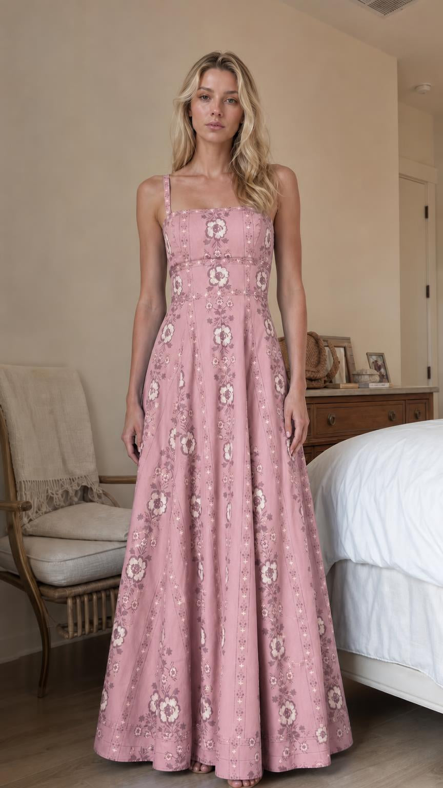 Woman wearing pink floral print square neck maxi dress