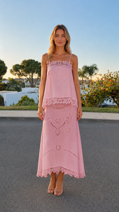 Front view of blush pink lace trim cami maxi dress set