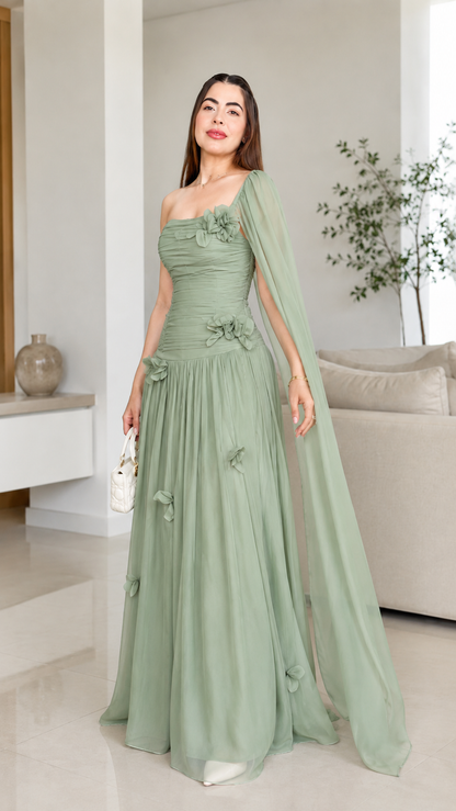Sage green one-shoulder ruched formal dress with long draped sleeve