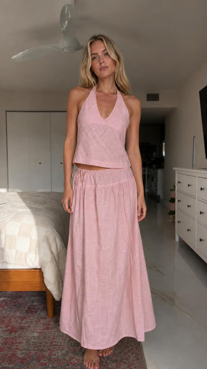 Front view of pink two-piece set