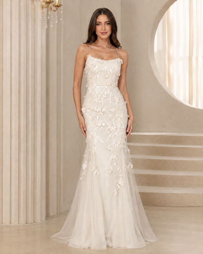 Front view of ivory floral appliqué spaghetti strap mermaid gown