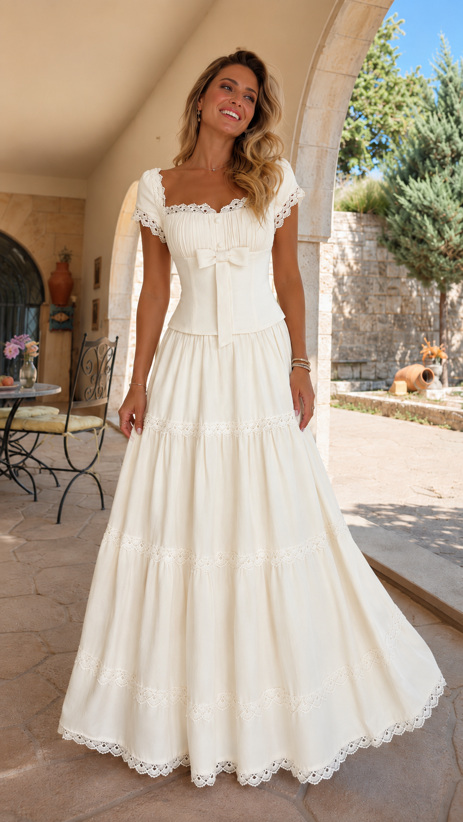 Front view of ivory lace trim bow front tiered maxi dress