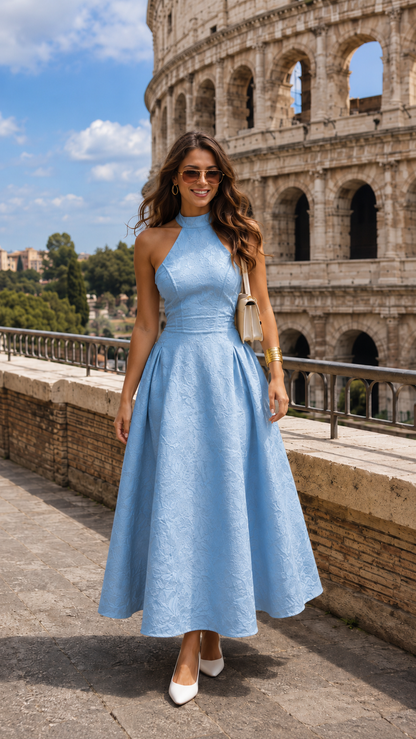 Front view of powder blue halter neck jacquard midi dress