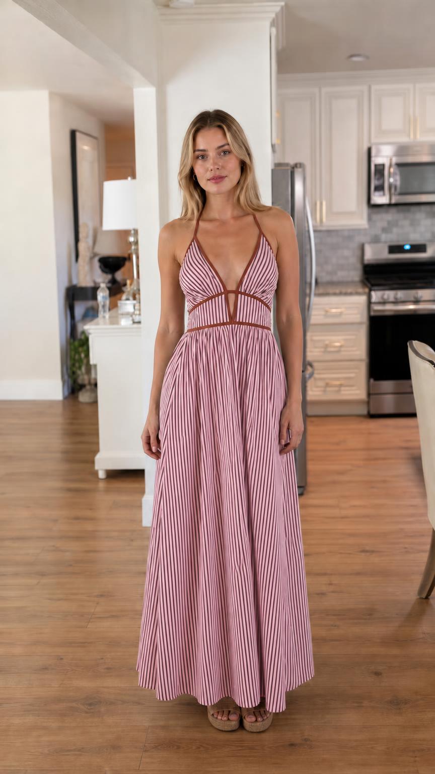 Front view of pink and white striped maxi dress