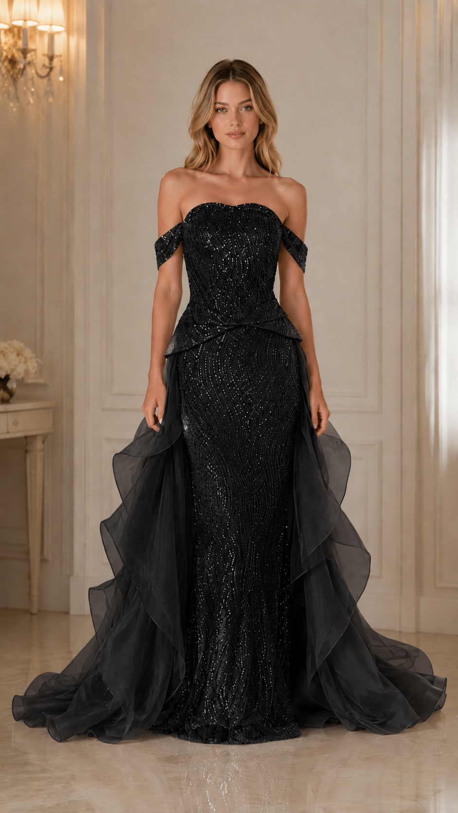 Front view of black off shoulder sequin mermaid evening gown with dramatic sheer train