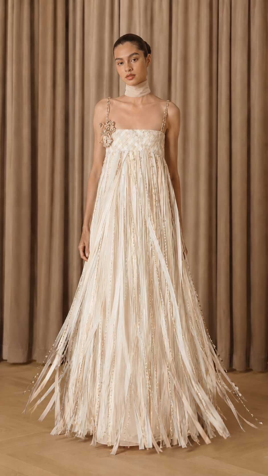 Front view of ivory fringe maxi evening dress with embellished straps and neck scarf
