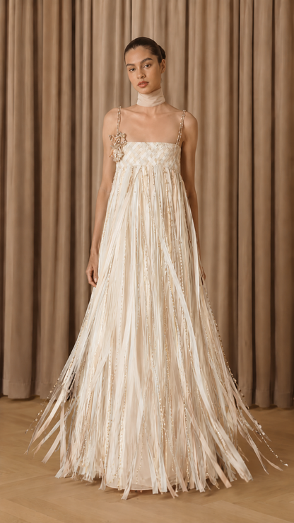 Front view of ivory fringe maxi evening dress with embellished straps and neck scarf