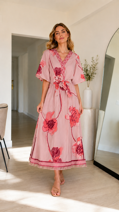 Front view of blush pink floral belted maxi dress with V-neck trim