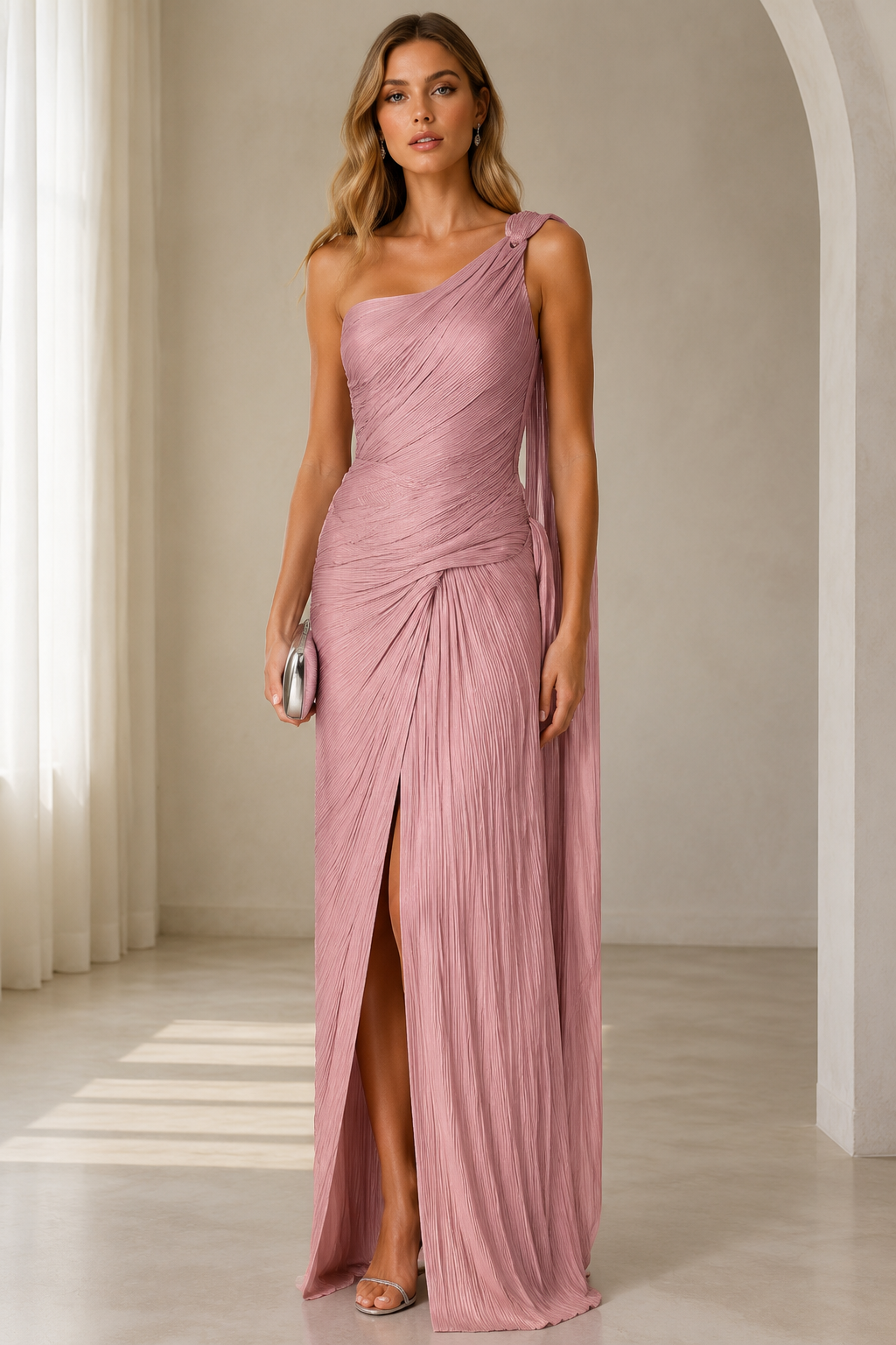 Full-length view of dusty rose pleated evening dress with front slit and fitted bodice