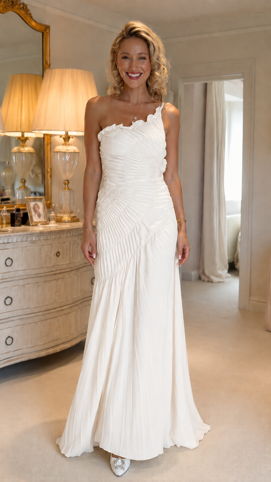 Front view of white one-shoulder ruched pleated maxi evening dress