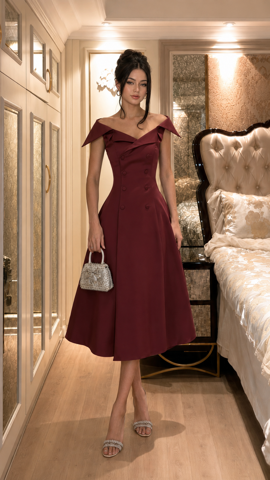 Front view of burgundy off-shoulder double-breasted midi dress